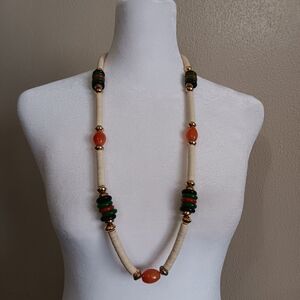 Vintage Boho Tribal Necklace Chunky Bead Green Orange Cream Bohemian 80s 90s